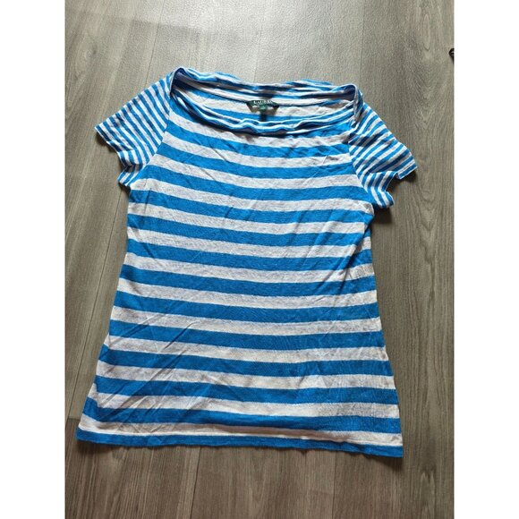 Lauren Ralph Lauren Blue/White Linen Striped Boatneck T-Shirt L Womens - Picture 4 of 8